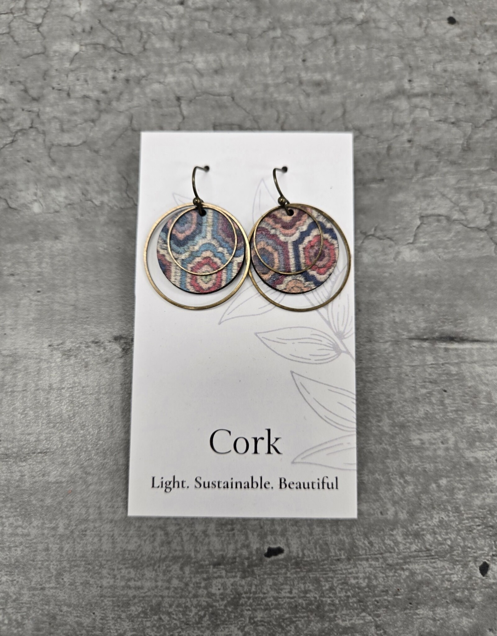 Small Brass Circle Cork Earrings - Embroidered Hexagons