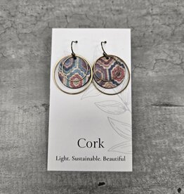 Small Brass Circle Cork Earrings - Embroidered Hexagons