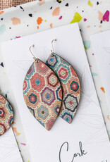 Small Leaf Cork Earrings - Embroidered Hexagons