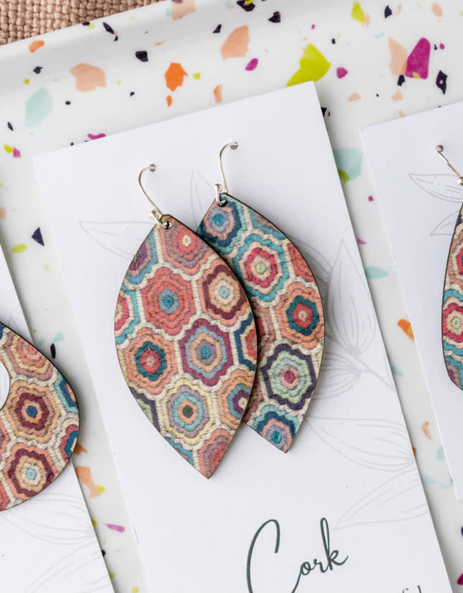 Small Leaf Cork Earrings - Embroidered Hexagons