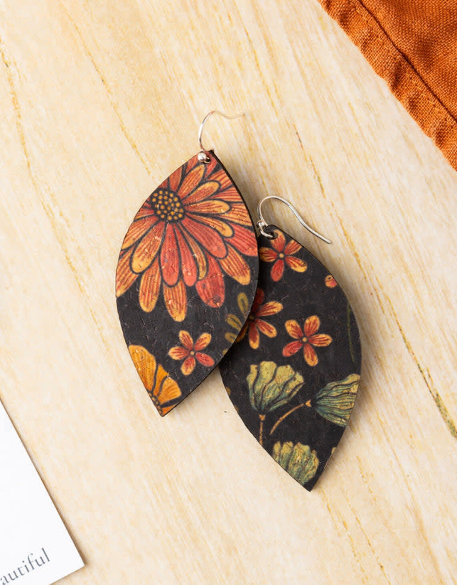 Small Leaf Cork Earrings - Floral on Black