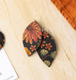 Small Leaf Cork Earrings - Floral on Black