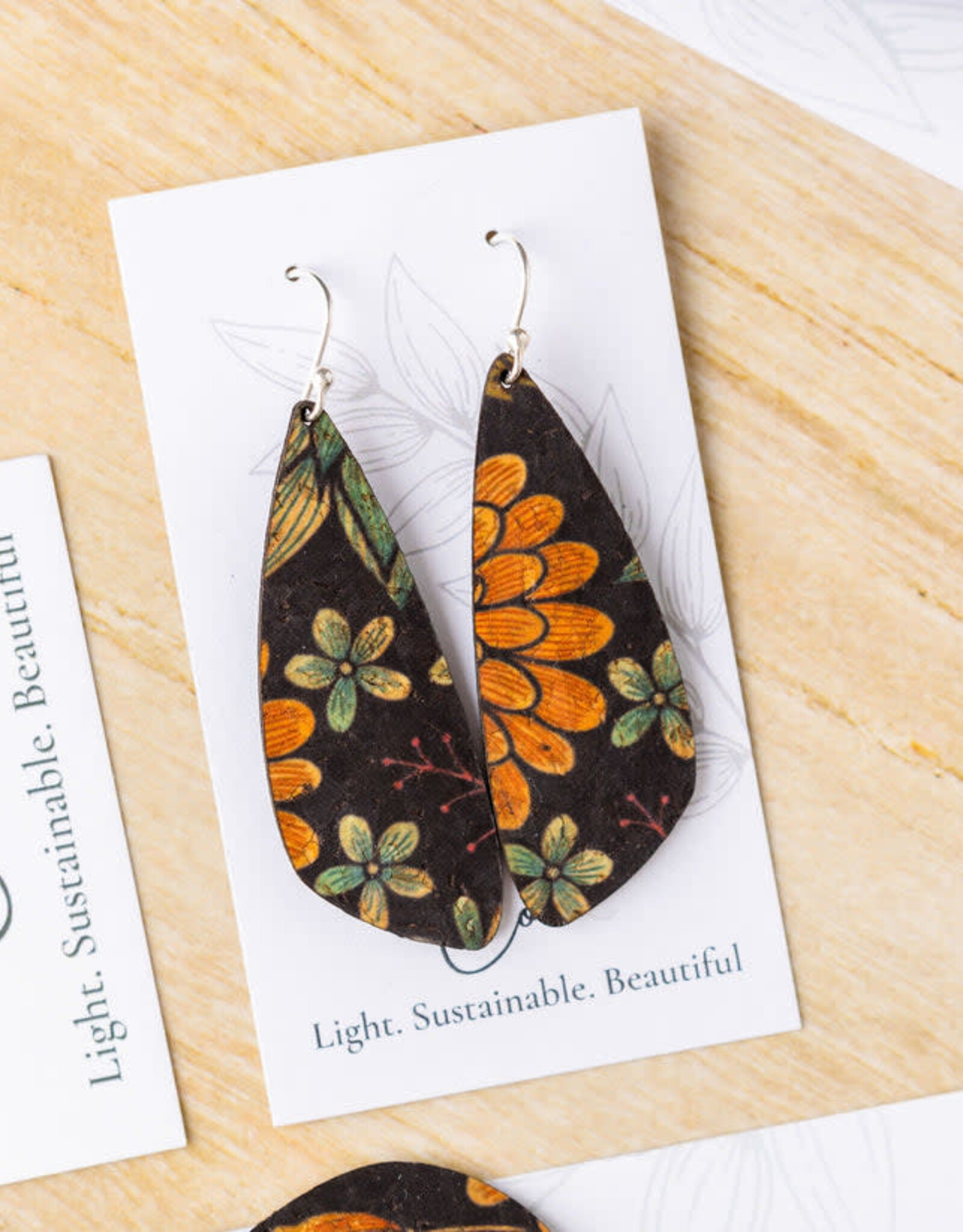 Small Wing Cork Earrings - Floral on Black