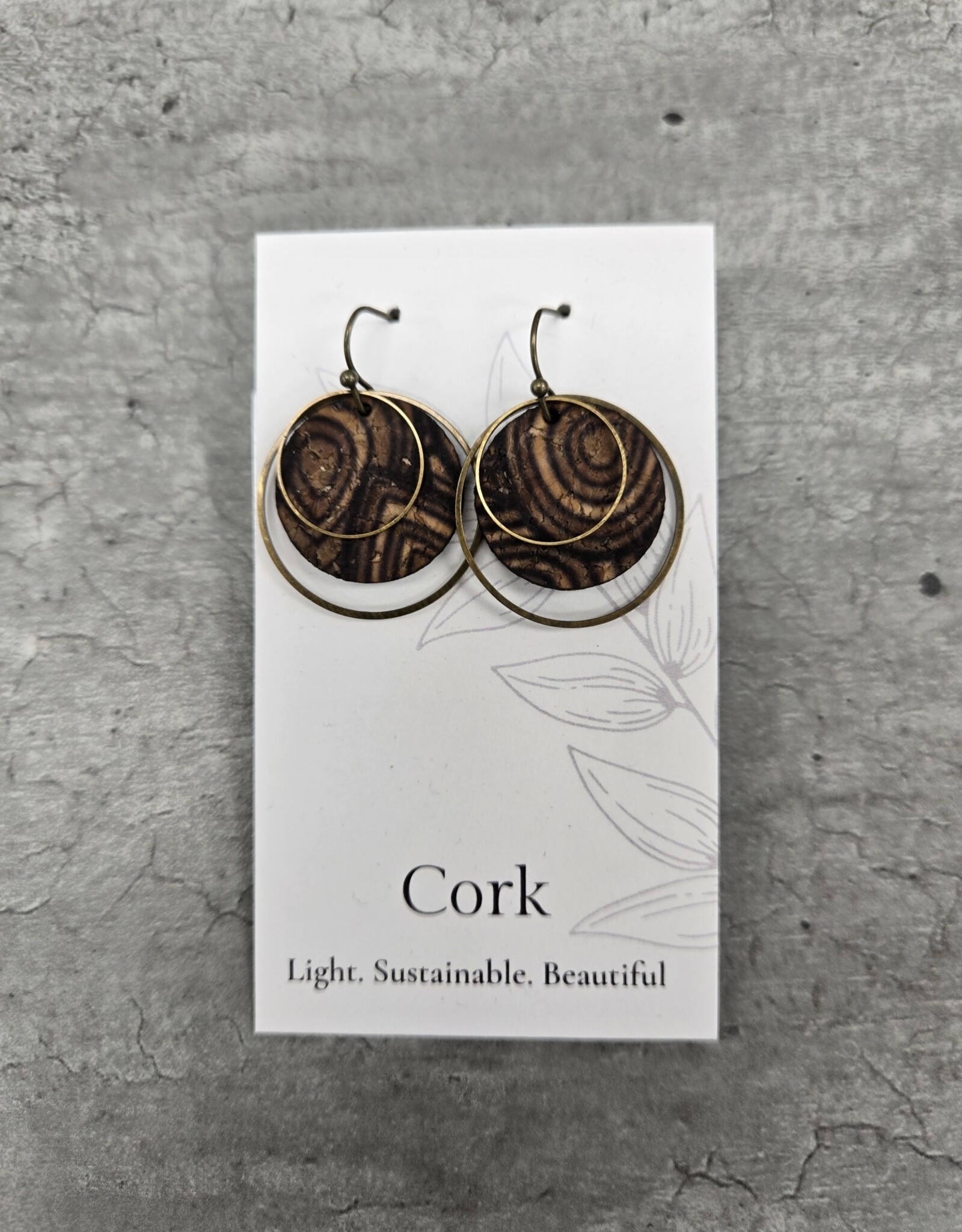 Small Brass Circle Cork Earrings - Natural w/Wood Grain