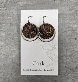 Small Brass Circle Cork Earrings - Natural w/Wood Grain