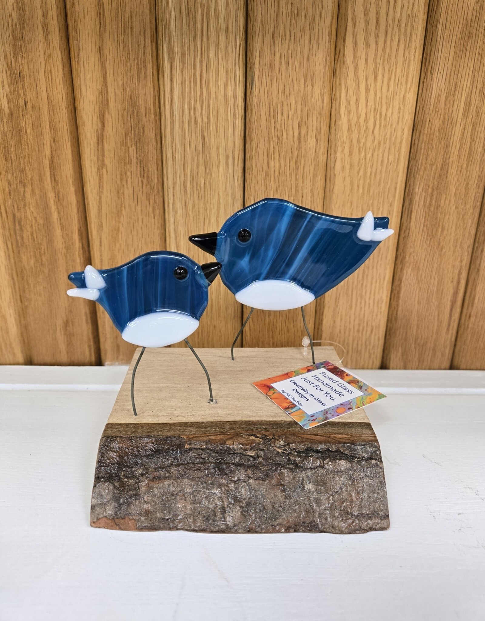 Double Birds on Wood - Aqua/White