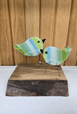 Double Birds on Wood - Green/Turquoise/White
