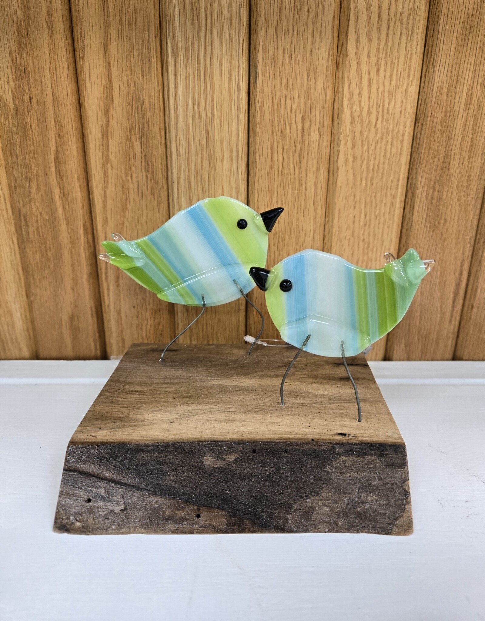Double Birds on Wood - Green/Turquoise/White
