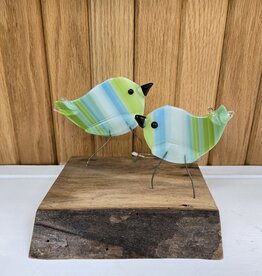 Double Birds on Wood - Green/Turquoise/White
