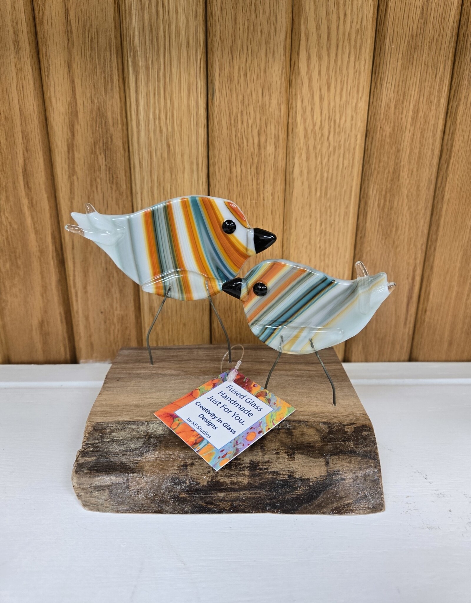 Double Birds on Wood - Orange/Teal/White