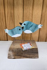 Double Birds on Wood - Turquoise/White