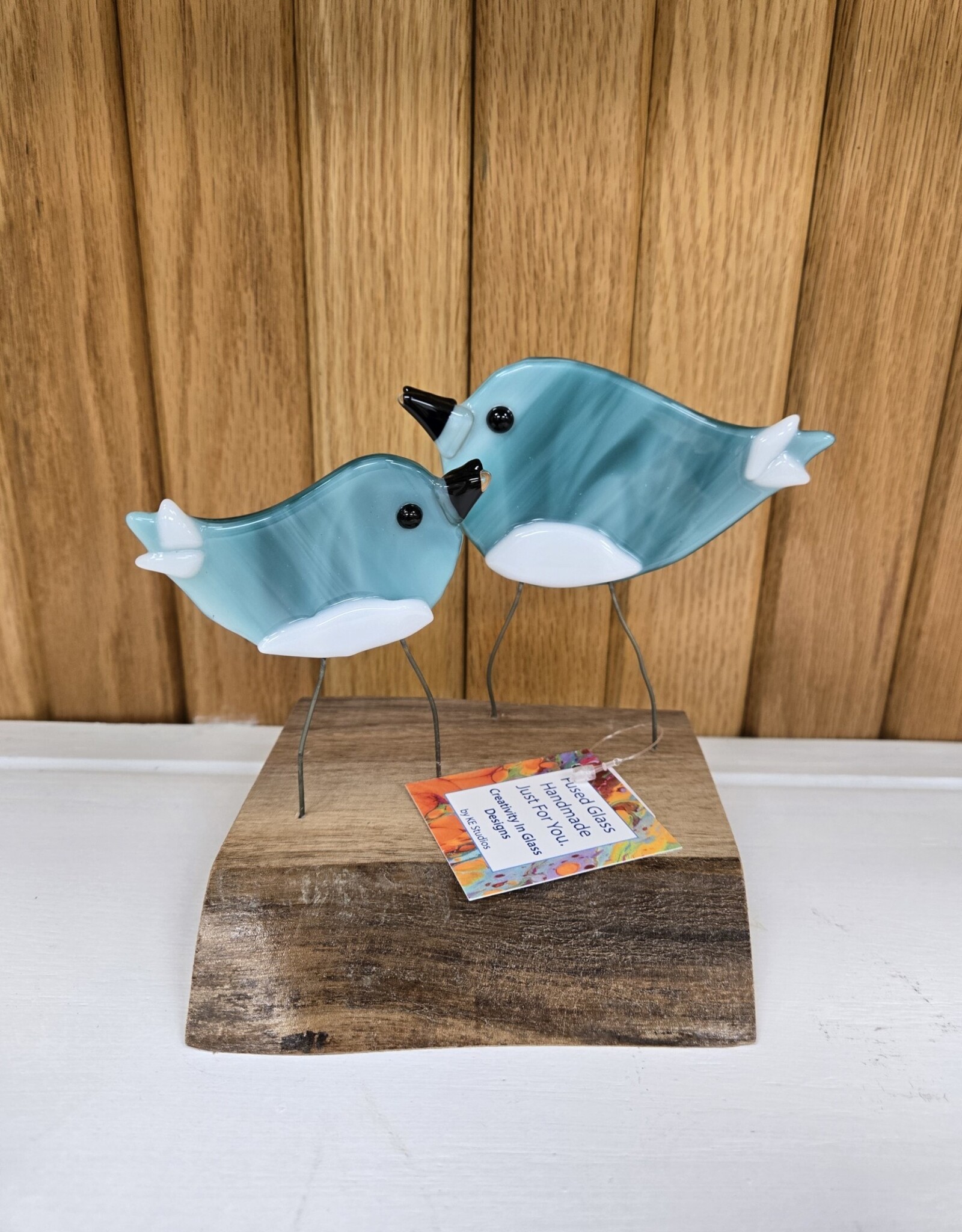 Double Birds on Wood - Turquoise/White
