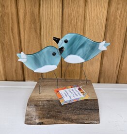 Double Birds on Wood - Turquoise/White