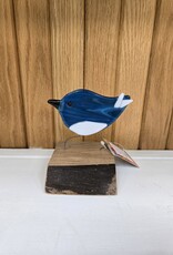 Single Bird on Wood - Aqua/White