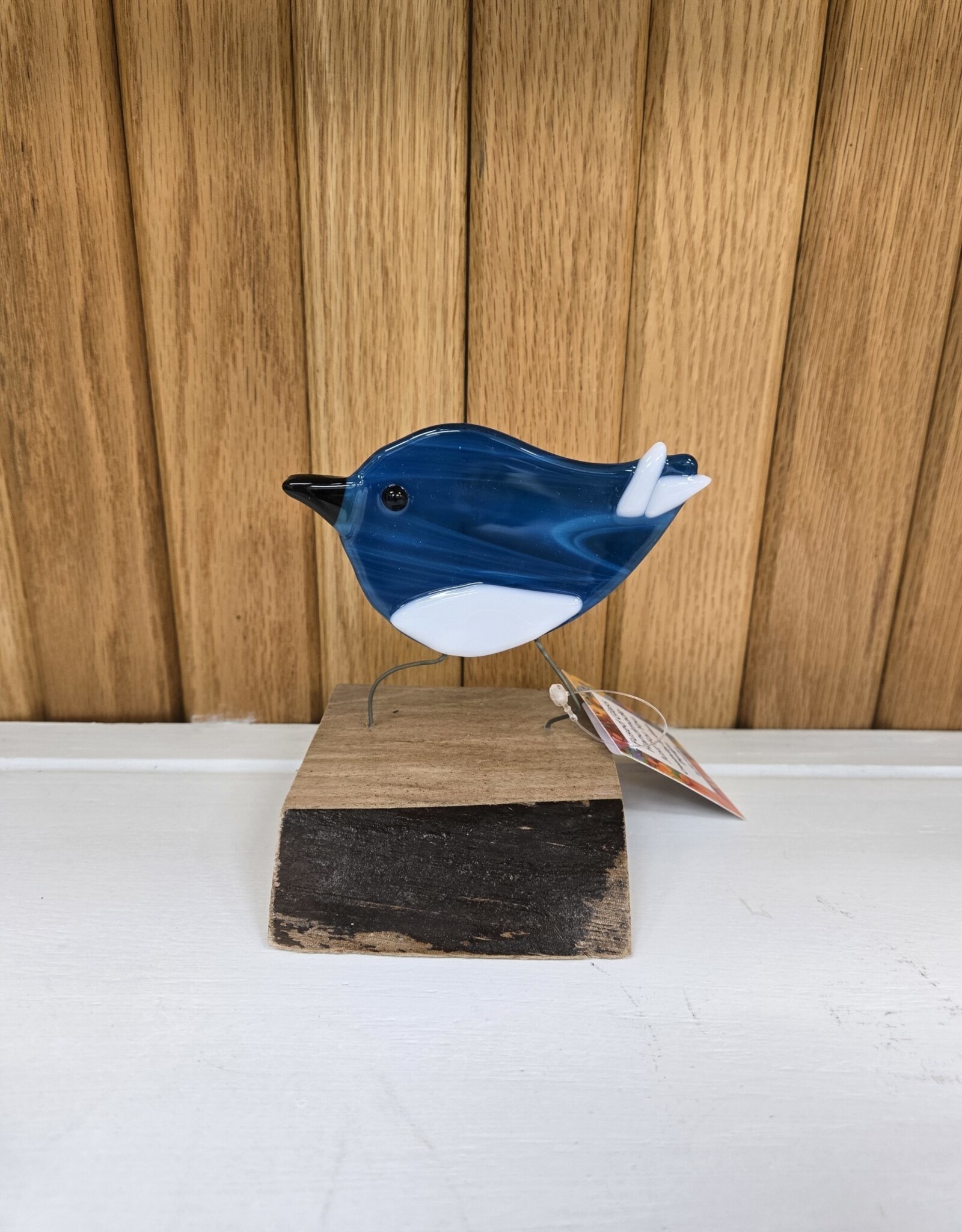 Single Bird on Wood - Aqua/White
