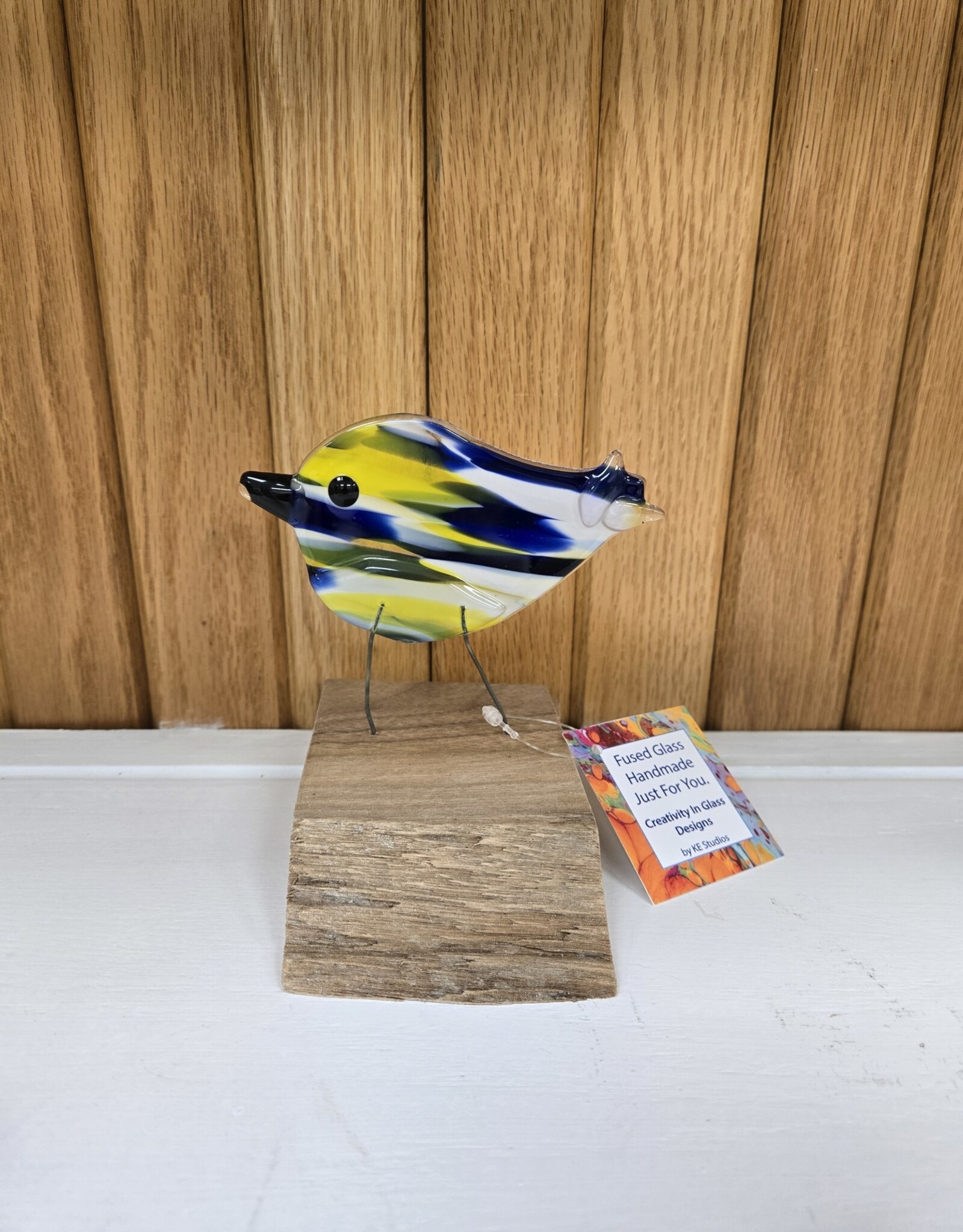 Single Bird on Wood - Blue/White/Yellow