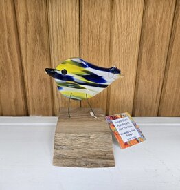 Single Bird on Wood - Blue/White/Yellow