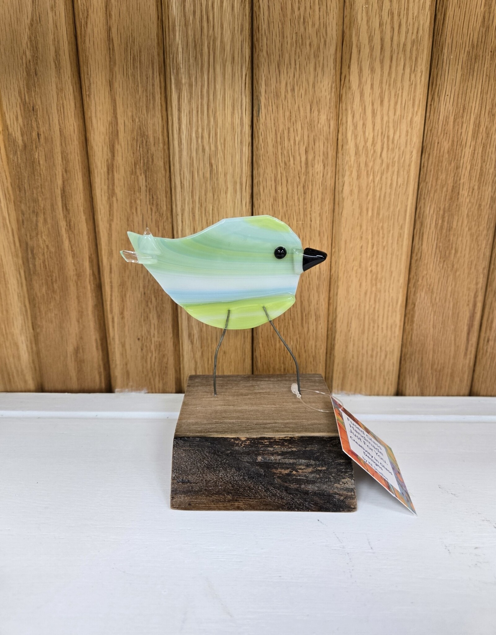 Single Bird on Wood - Green/Turquoise/White
