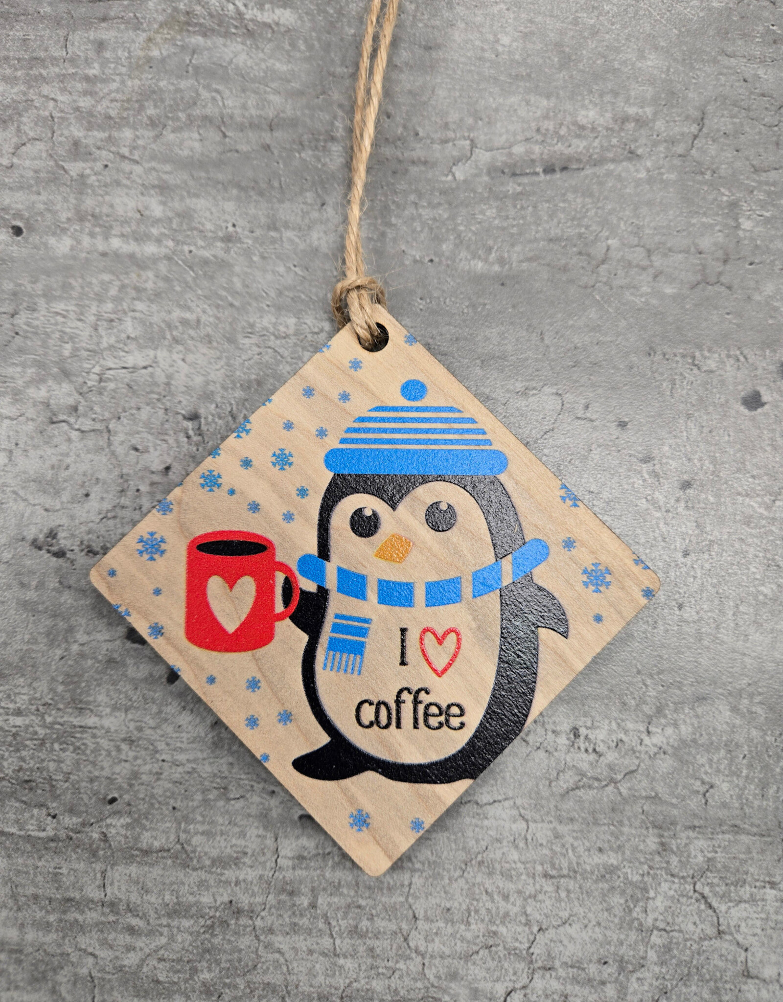 Wood Ornament c1721 Penguin Coffee