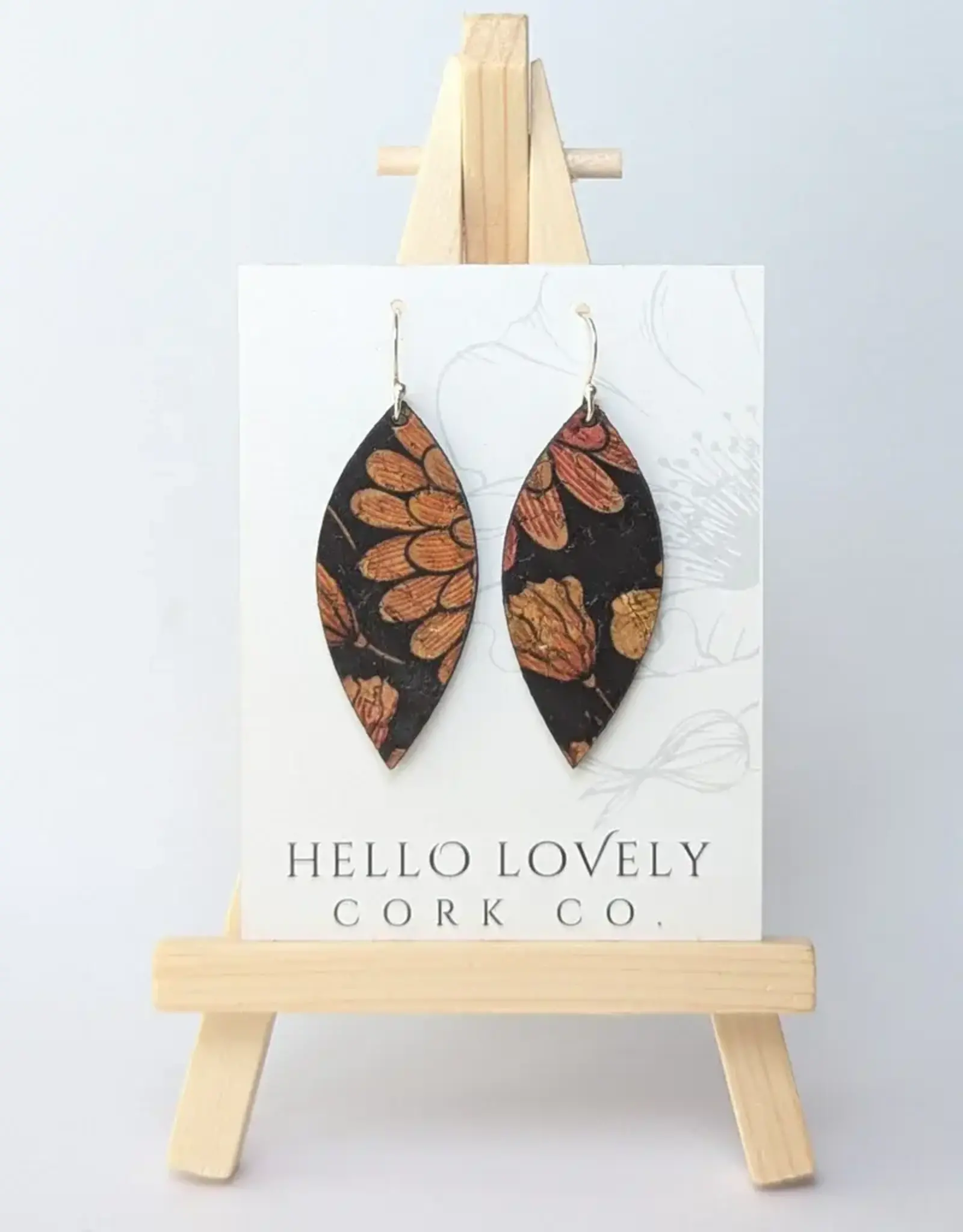 Small Leaf Cork Earrings - Floral on Black