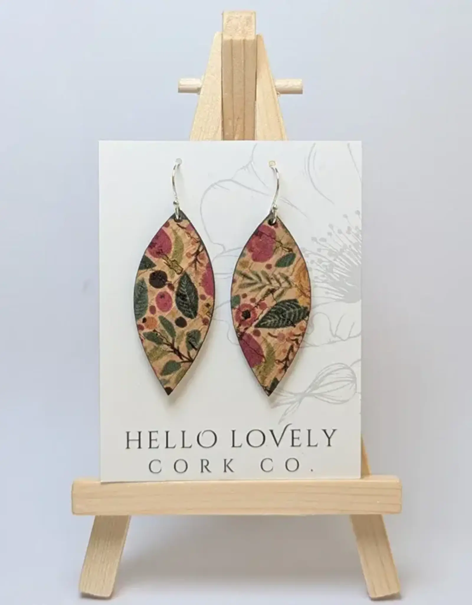 Small Leaf Cork Earrings - Green & Pink Floral