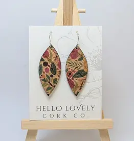 Small Leaf Cork Earrings - Green & Pink Floral