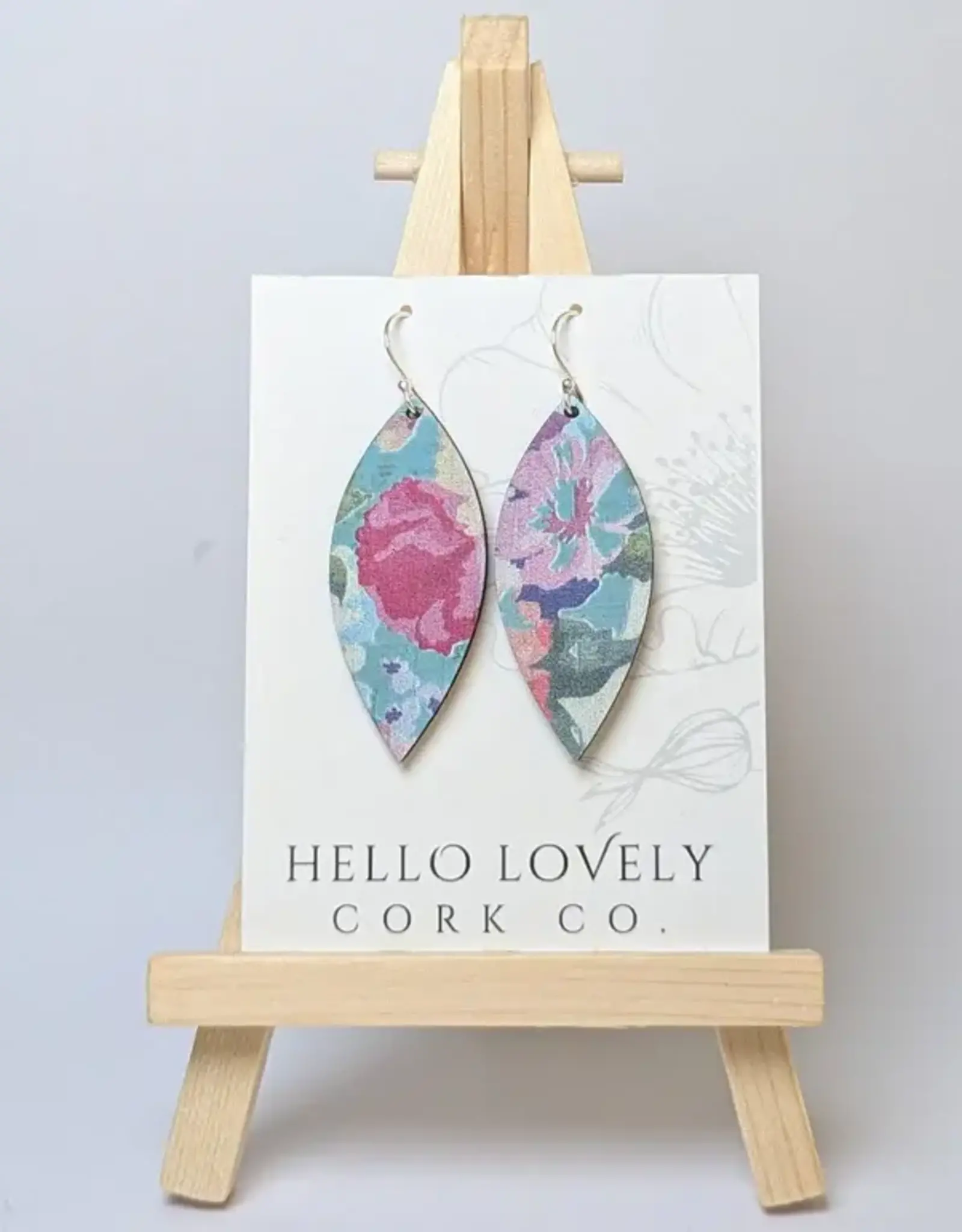 Small Leaf Cork Earrings - Spring Floral on Blue