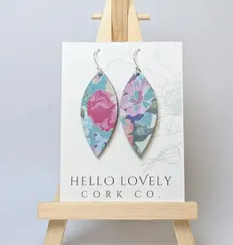 Small Leaf Cork Earrings - Spring Floral on Blue