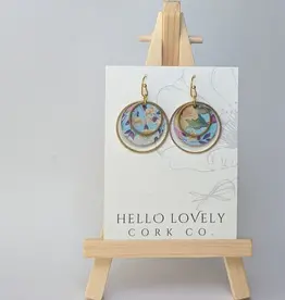 Small Brass Circle Cork Earrings - Spring Floral on Blue