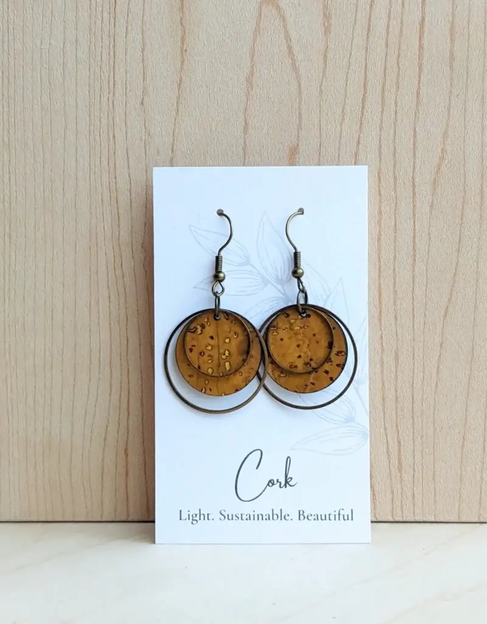 Small Brass Circle Cork Earrings - Natural Gold