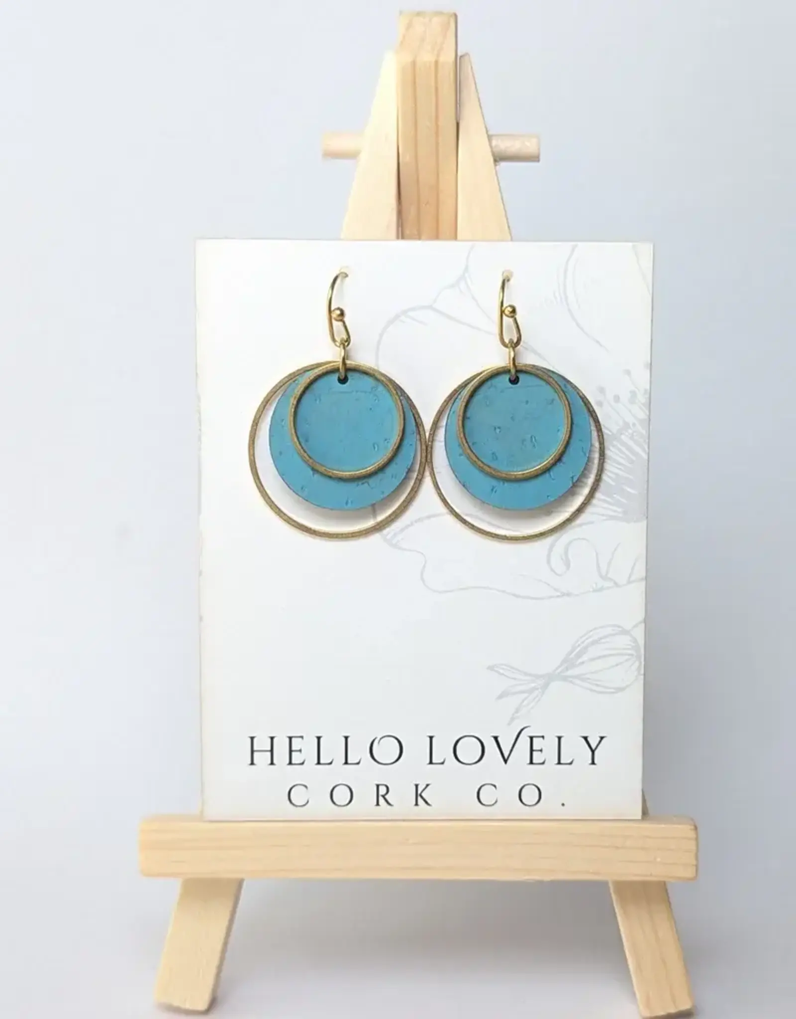 Small Brass Circle Cork Earrings - Bright Teal