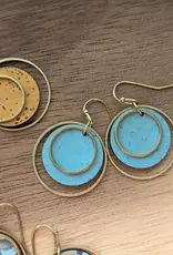 Small Brass Circle Cork Earrings - Bright Teal