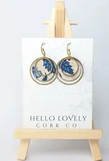 Small Brass Circle Cork Earrings - Blue & White Floral