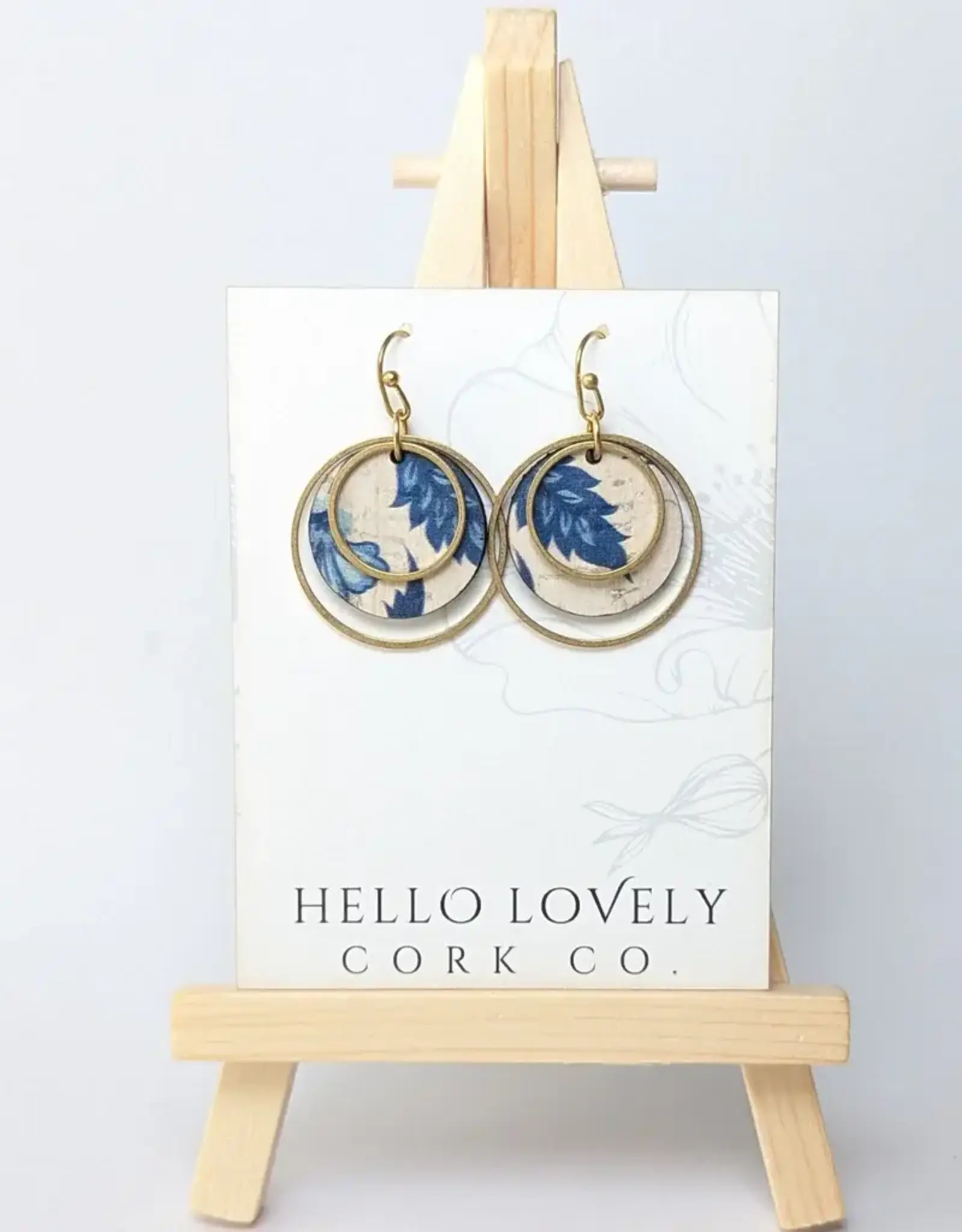 Small Brass Circle Cork Earrings - Blue & White Floral