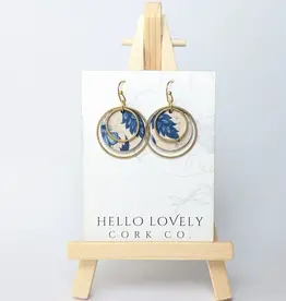 Small Brass Circle Cork Earrings - Blue & White Floral