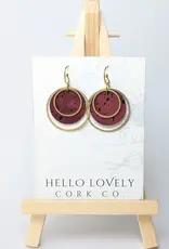 Small Brass Circle Cork Earrings - Wine Red