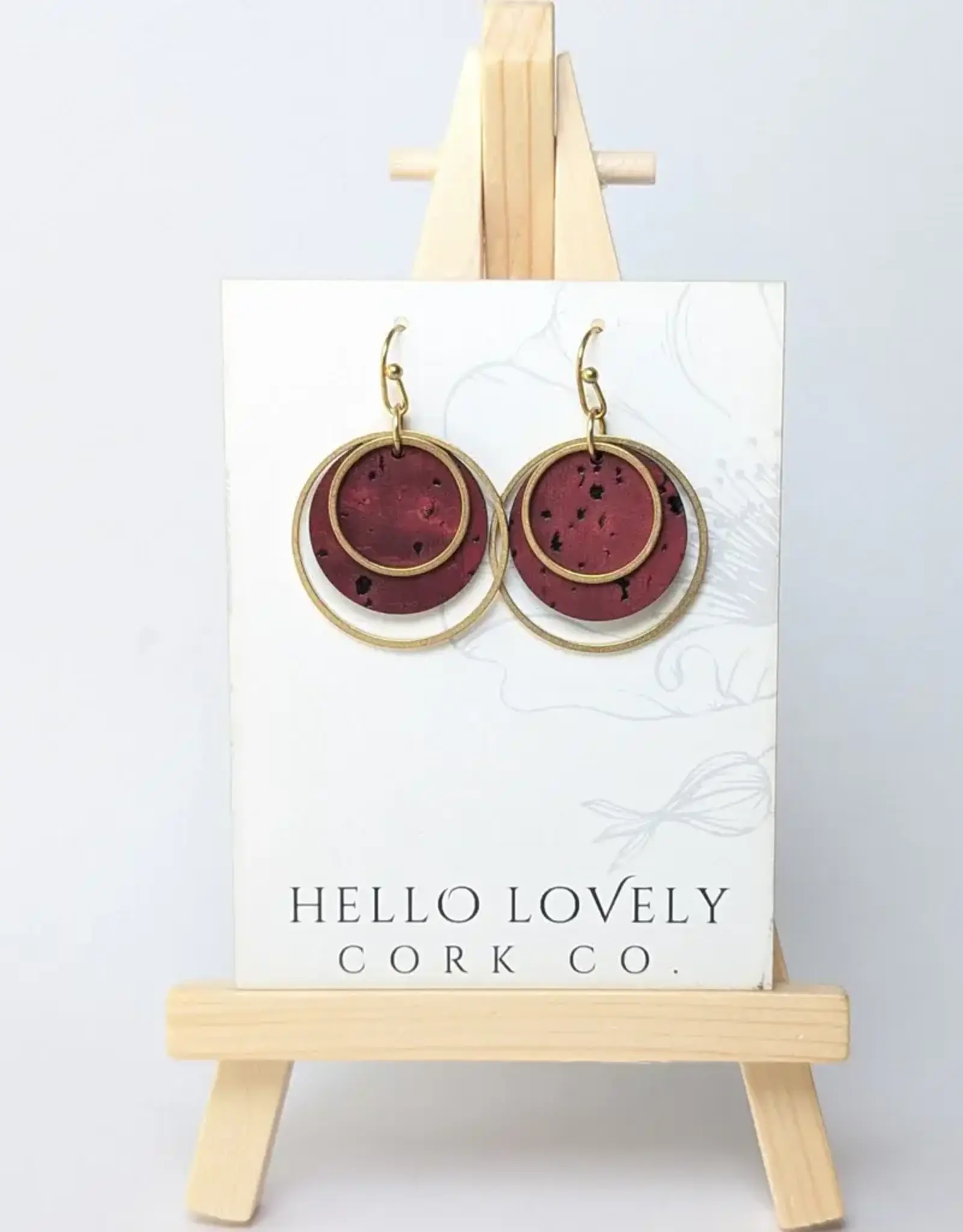 Small Brass Circle Cork Earrings - Wine Red