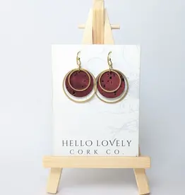 Small Brass Circle Cork Earrings - Wine Red