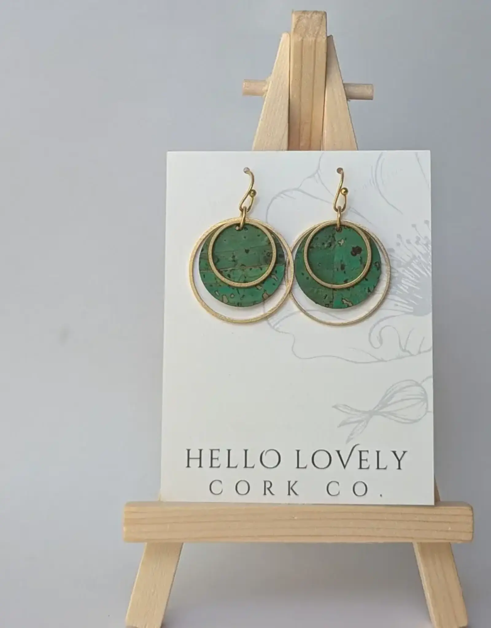 Small Brass Circle Cork Earrings - Grass Green
