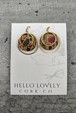 Small Brass Circle Cork Earrings - Green & Pink Floral
