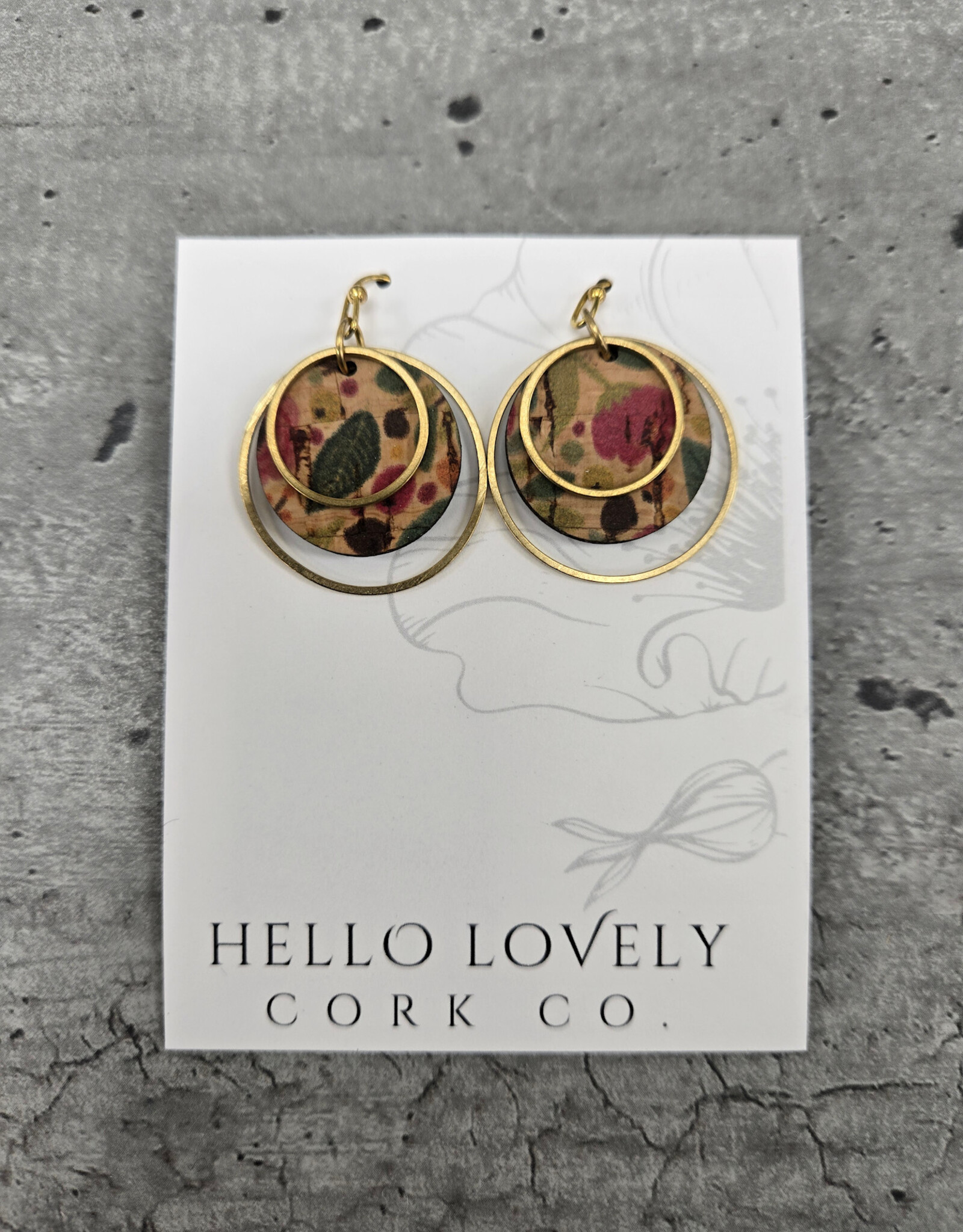 Small Brass Circle Cork Earrings - Green & Pink Floral