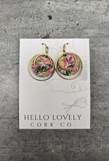 Small Brass Circle Cork Earrings - Green & Fuchsia Leaves