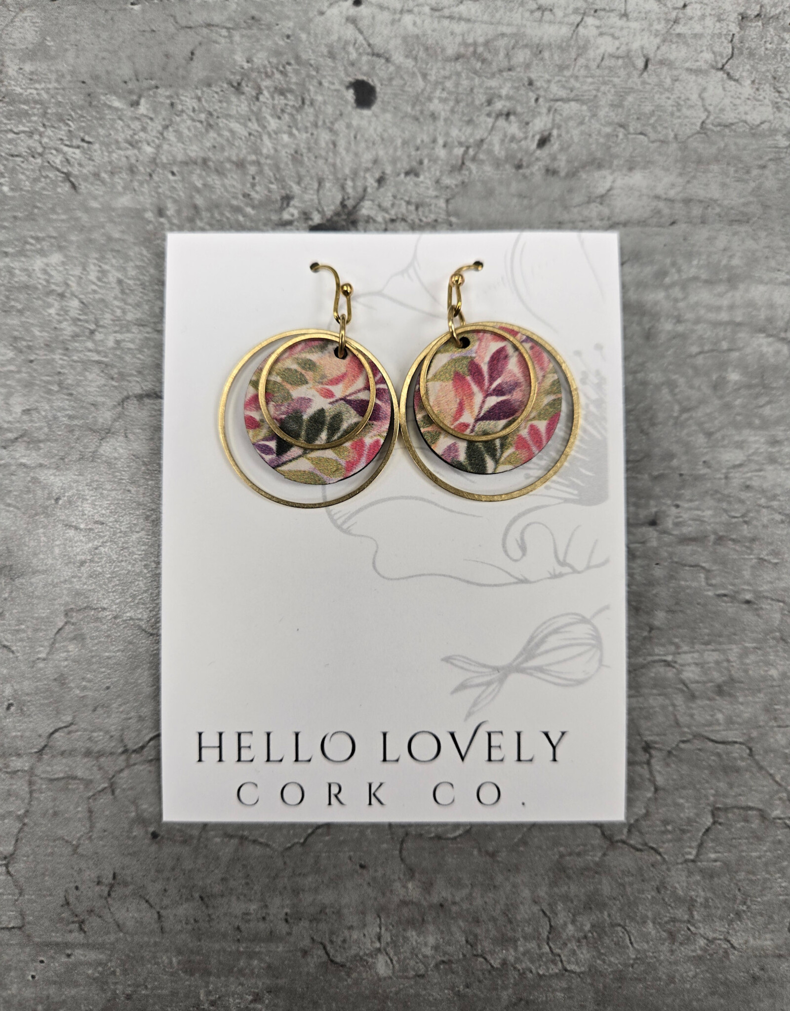 Small Brass Circle Cork Earrings - Green & Fuchsia Leaves