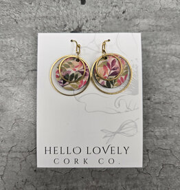Small Brass Circle Cork Earrings - Green & Fuchsia Leaves