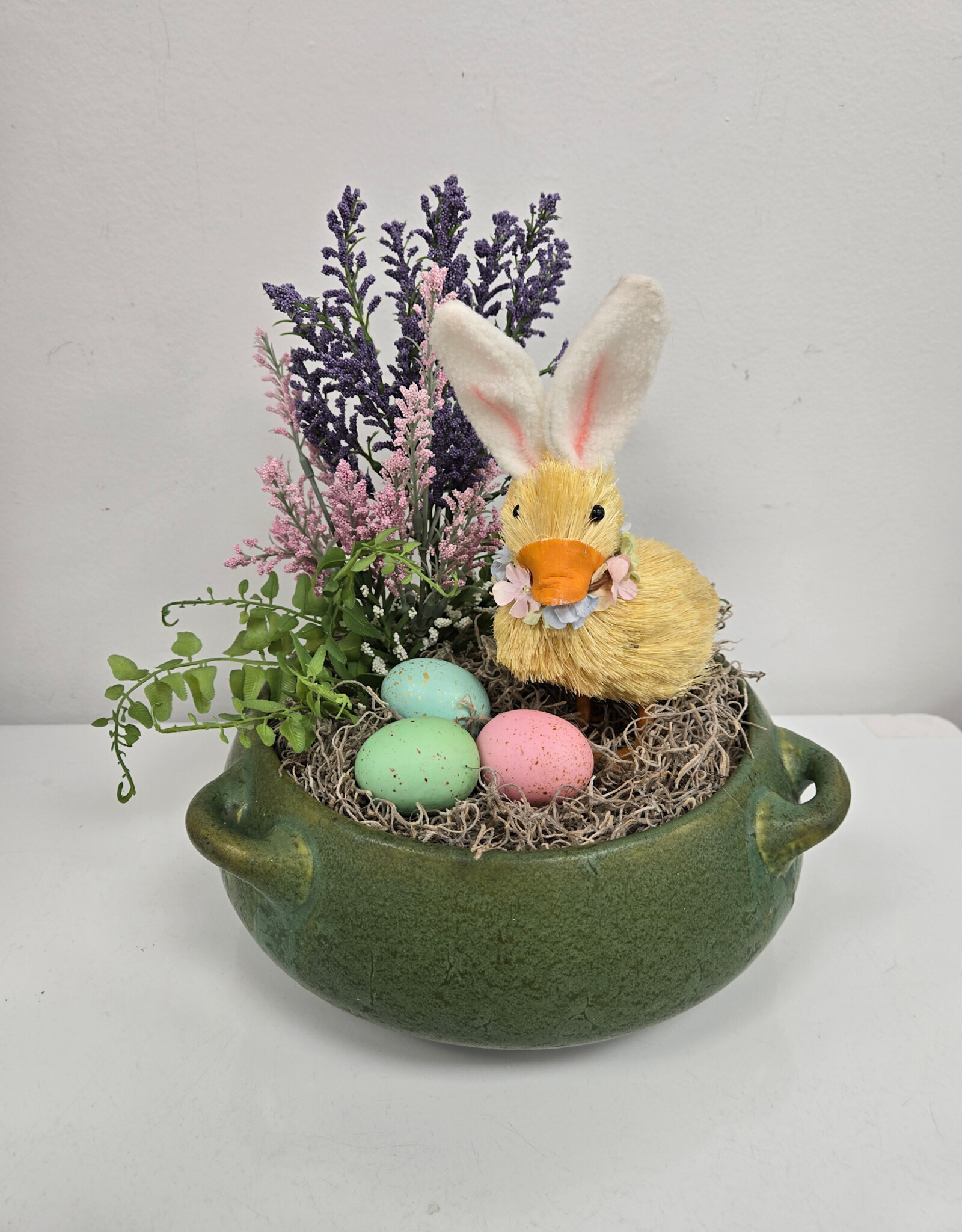 Green Pottery Bowl w/Easter Arrangement