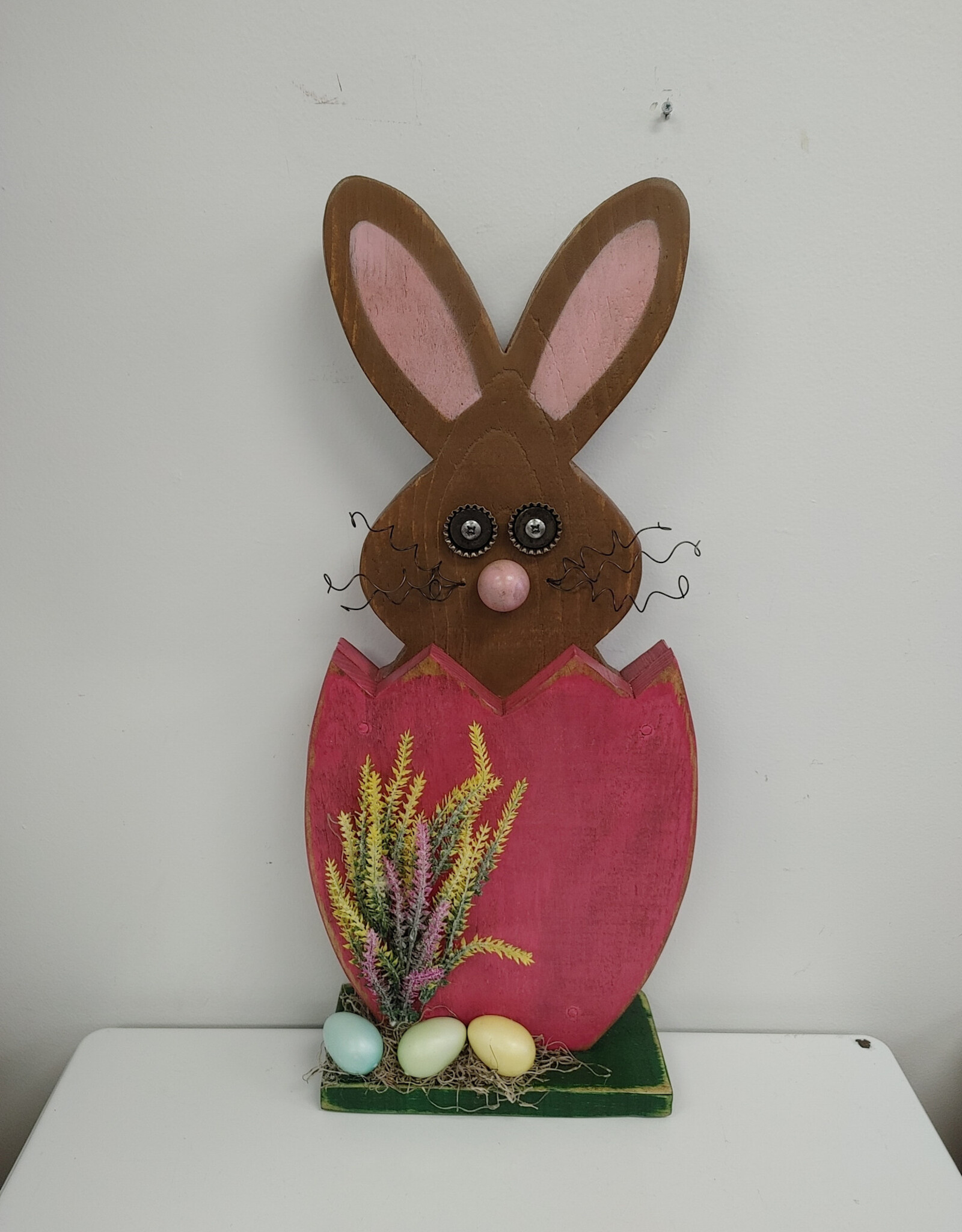 Whimsical Wooden Bunny in Pink Egg