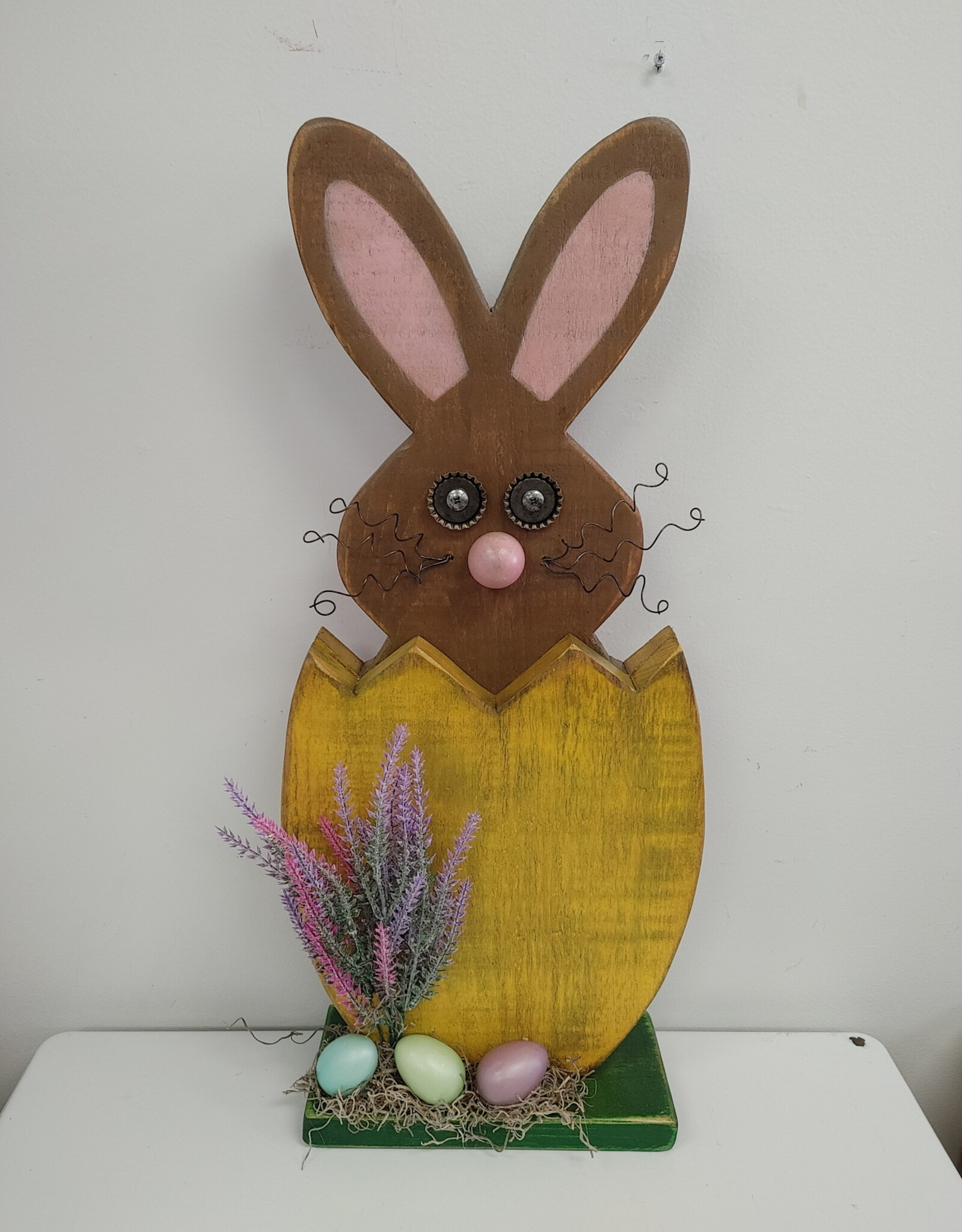 Whimsical Wooden Bunny in Yellow Egg