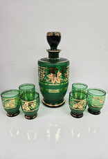 Bohemian Glass Green & Gold Decanter w/6 glasses