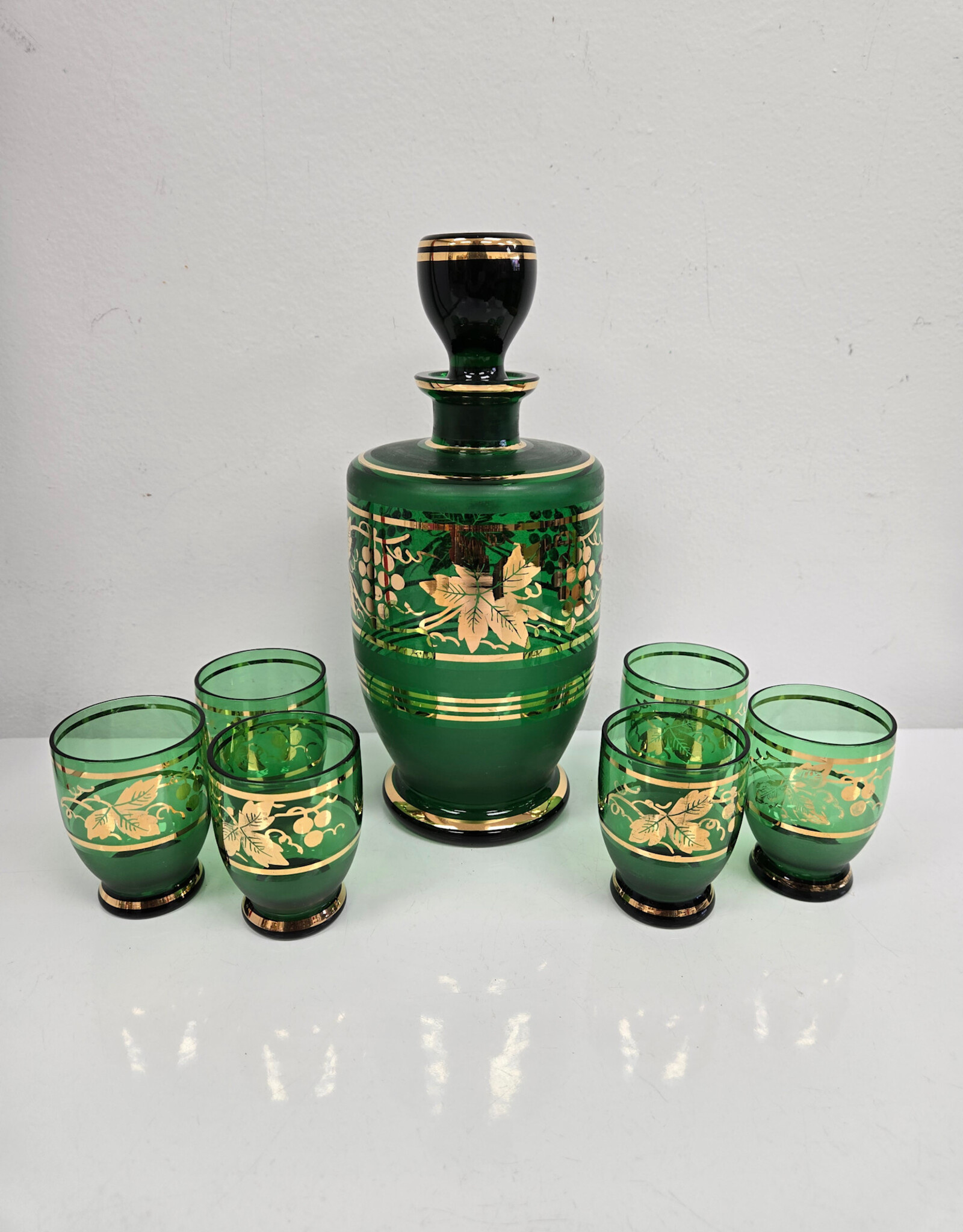Bohemian Glass Green & Gold Decanter w/6 glasses