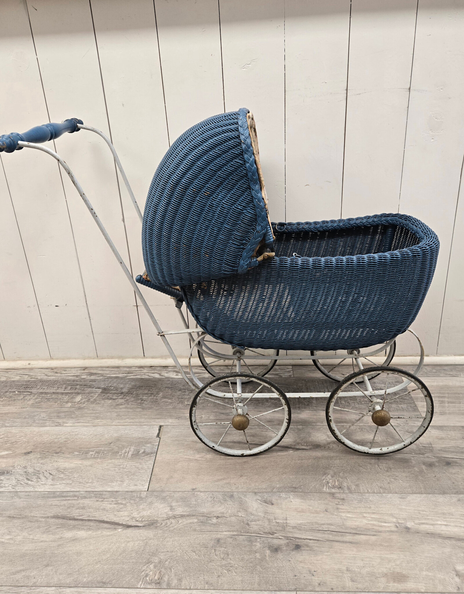 Vintage  Blue Wicker Doll Carriage